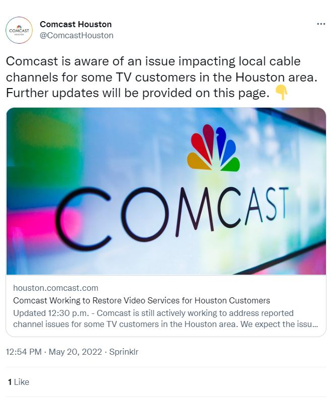 Text: Comcast is aware of an issue impacting local cable channels for some TV customers in the Houston area. Further updates will be provided on this page.